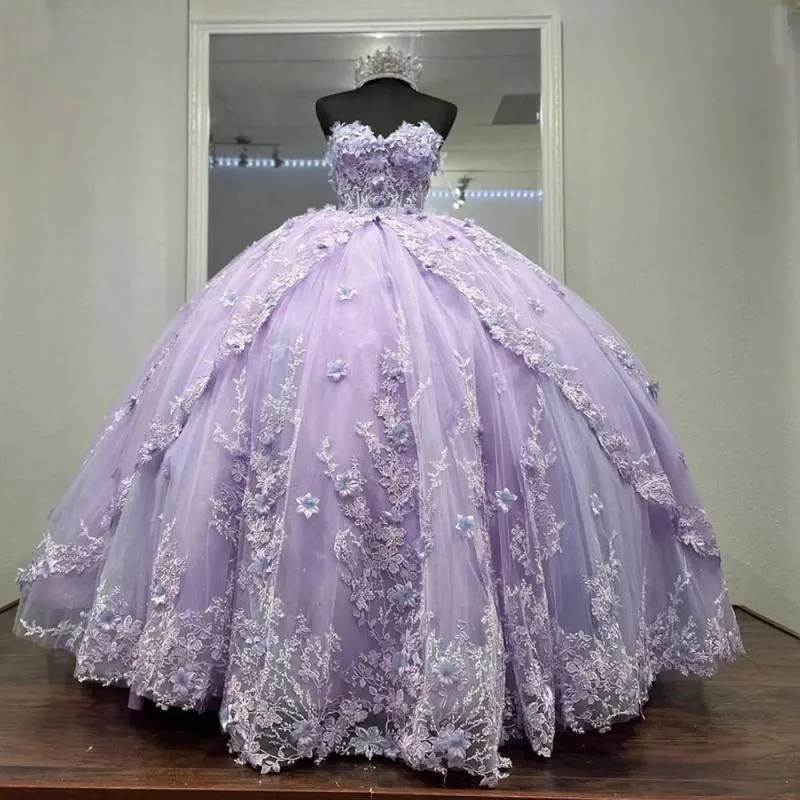 Lilac Quinceanera Dresses 2025 Sweet 16 Dress Off The Shoulder Flowers Appliques Lace Beading Bow Tull Vestidos 15 De Party Birthday Ball Gown