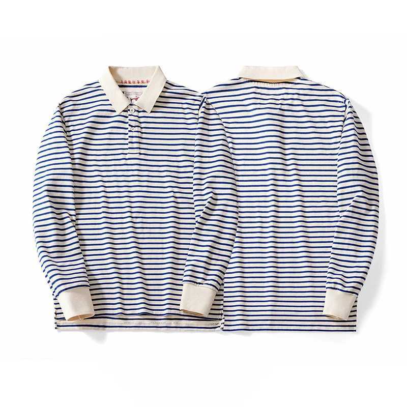 Autumn long sleeved polo shirt Japanese retro loose combed cotton striped shirt casual streetwear lapel top W240913