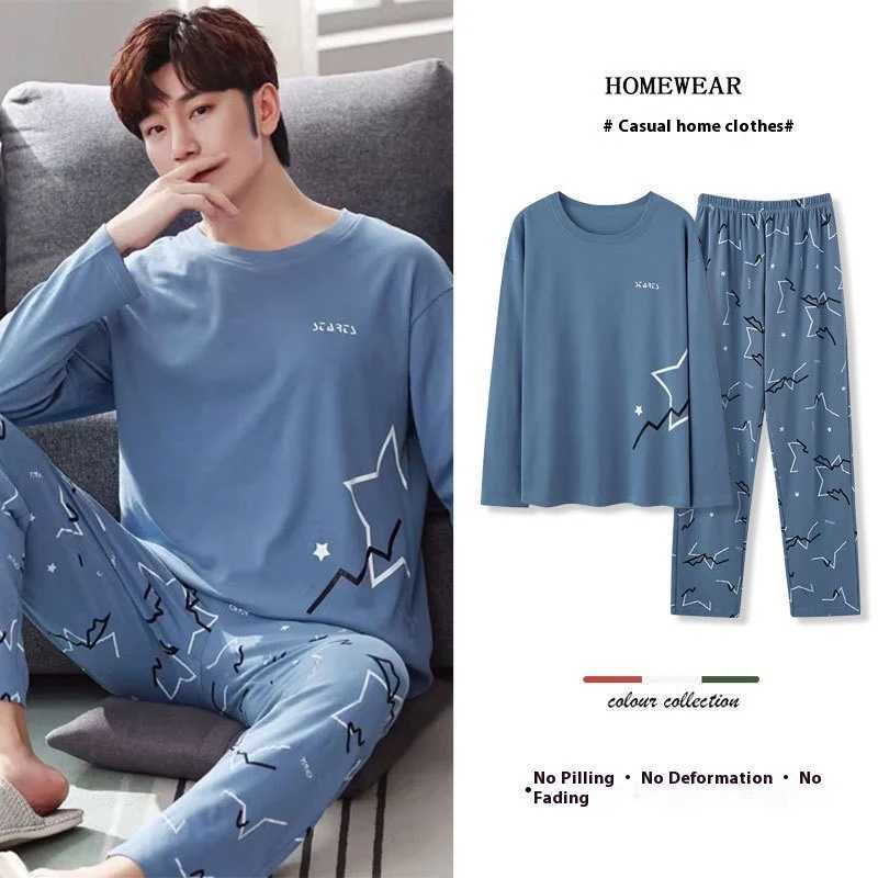 2PCS/Set Large Size Xl Men Pajamas Round Neck Long Sleeve Long Trousers Casual Cotton Homewear Easy to Clean School Pajamas Mam Y240913