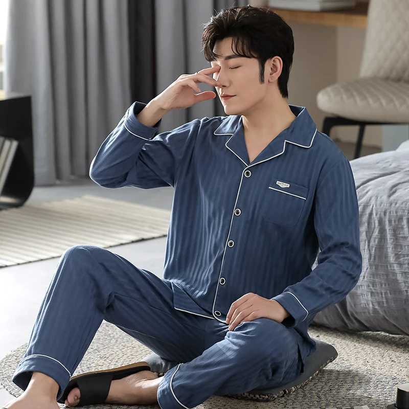 Blue Men Pajamas Set Long Sleeves Long Pants Autumn Winter Simple Sleepwear Casual Pijamas Male Pyjamas Soft Nighty Cozy Pjs Boy Y240913