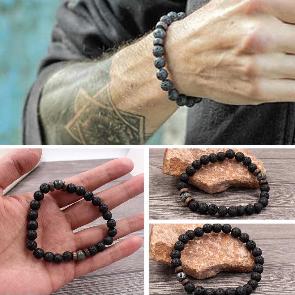 Fashionable natural molten rock wood bead energy yoga practitioner elastic support bracelet mens accessories jewelry Valentines Day gift W240913
