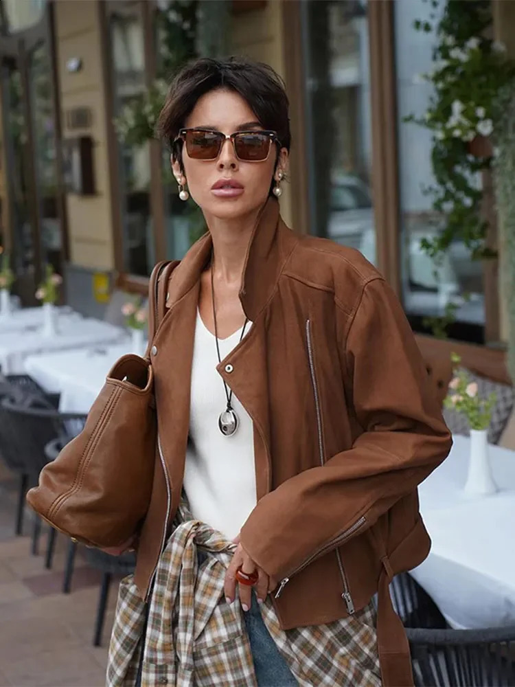 Women Fashion Lapel Diagonal Zipper Short Jacket With Belt Elegant Solid Long Sleeves Pocket Crop Coat Autumn Chic Lady Outwear 240911