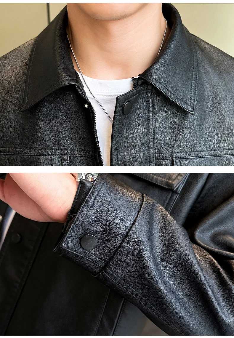 Mens Leather Clothing Spring Autumn New Solid Color Chest Mouth Design Trend High Street Lapel Coat Men Fashion Leather JacketX240913
