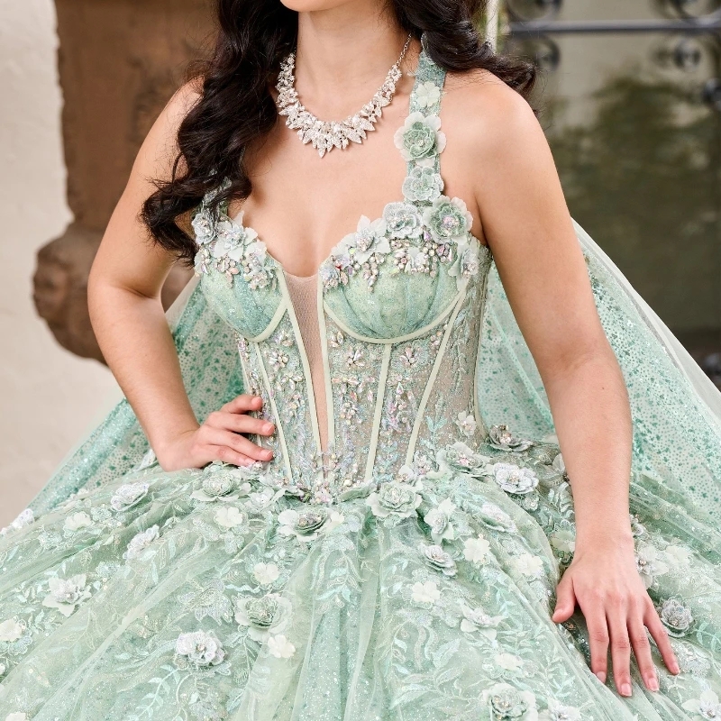 Mint Green Shiny Quinceanera Dresses Ball Gown Lace Applique Beaded Tull With Cape Corset Sweet 16 Dress Vestido De 15 Anos