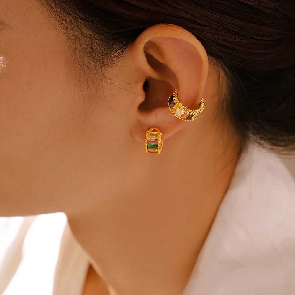Copper Hollow Personality Small Earrings Womens Colorful Square Glass Stone Bohemian Ear Clips Luxury Designer Jewelry GiftX240913