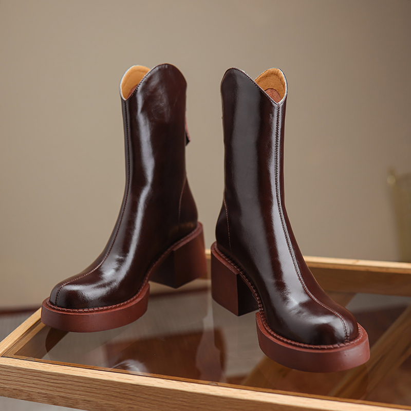 Hot Cow Leather Autumn Winter Round Toe Thick Heel Ankle Boots Fashion ZIP Women Shoes Mid-Calf WESTERN Platform