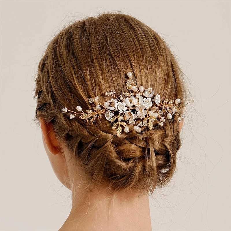 Miallo Gold Handmade Delicate Flower Pearl Hair Comb Crystal Beaded Bridal Headpiece Wedding Jewellery Hair AccessoriesX240913