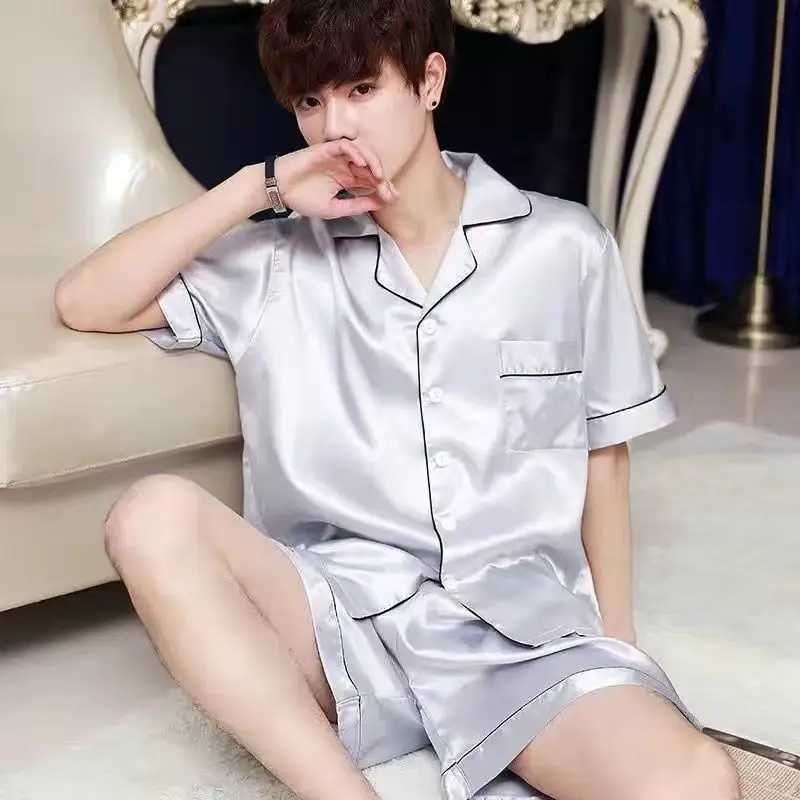 Summer Solid Color Mens Pajamas Silk Satin Sleepwear Big Size Short Sleeve Button-Down Pyjamas Home Suit Pijama Lounge Pjs Sets Y240913