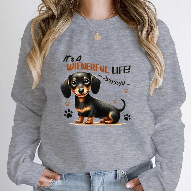 Dachshund Its A Wienerful Life Print Pullover For Women Autumn and Winter Casual Round Neck Pullover Dachshund Sweatshirts M240912