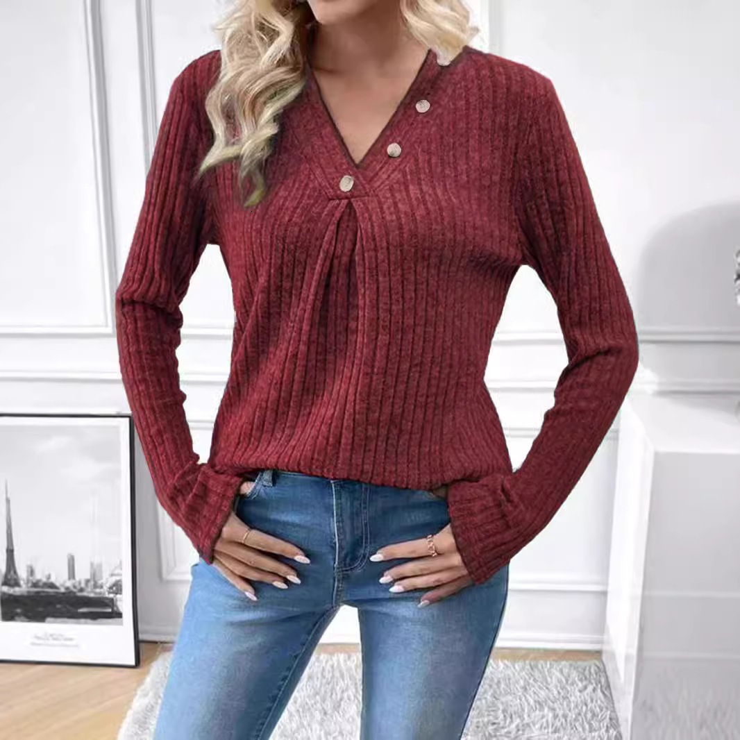 Women's autumn and winter new casual V-neck knitted sweater long sleeved top