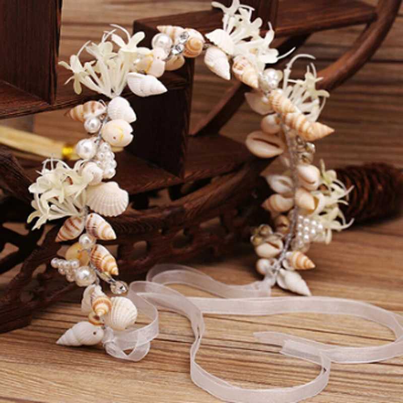 Promotion Seaside Romantic Fashion Shell Artificial Flowers Luxury Wedding Bridal Crowns Headbands Tiara Rhinestone Hair BandX240913