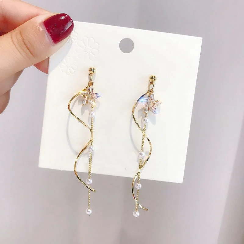 Temperament Crystal Star Tassel Drop Earrings For Women Long Ear Line Bowknot Leaves Girls Wedding Party Jewelry 240906
