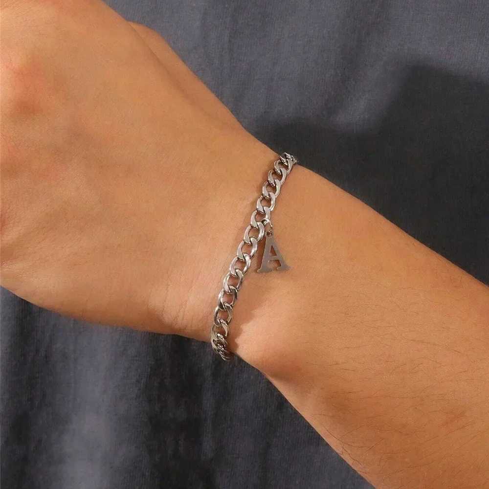 Silver Color A-Z Initial Bracelets for Men Women Never Fade Stainless Steel Cuban Chain Bracelet with 26 Letter AlphabetX240913