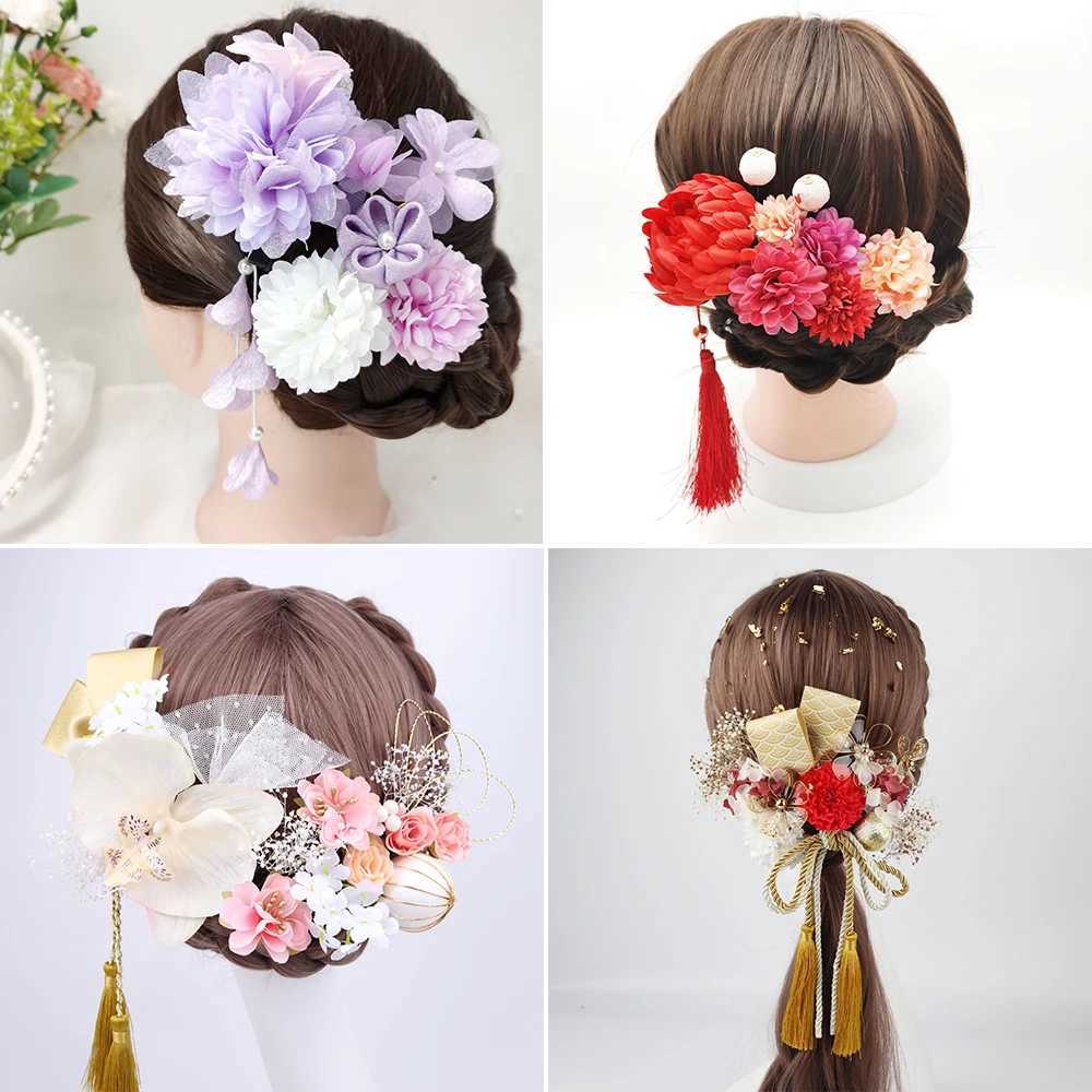 Japanese Handmade Fabric Flower Hair Accessories Clip Tassel Kimono Hairpin Headdress Geisha Barrette Wedding Festvial HairpinsX240913