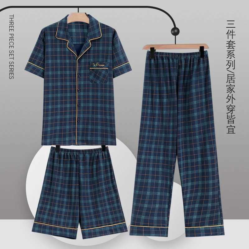 Cardigan Plaid Tops+Shorts+Long Pants 3 Piece Set Men Pajamas Sets Soft Cotton Nightwear Summer Pyjamas Male Sleepwear Pijamas Y240913