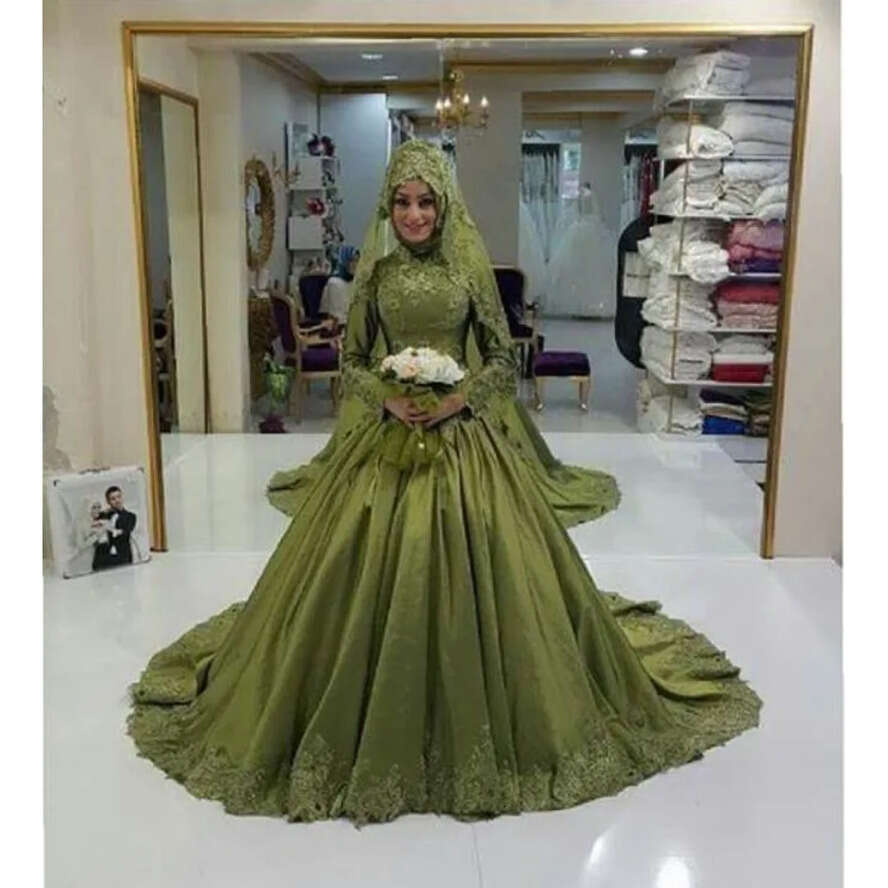 Green Robe Mariage 2017 Muslim Dress Long Sleeve Saudi Arabia High Neck Applique Wedding Dresses Vestido De Noiva Free Shipping es