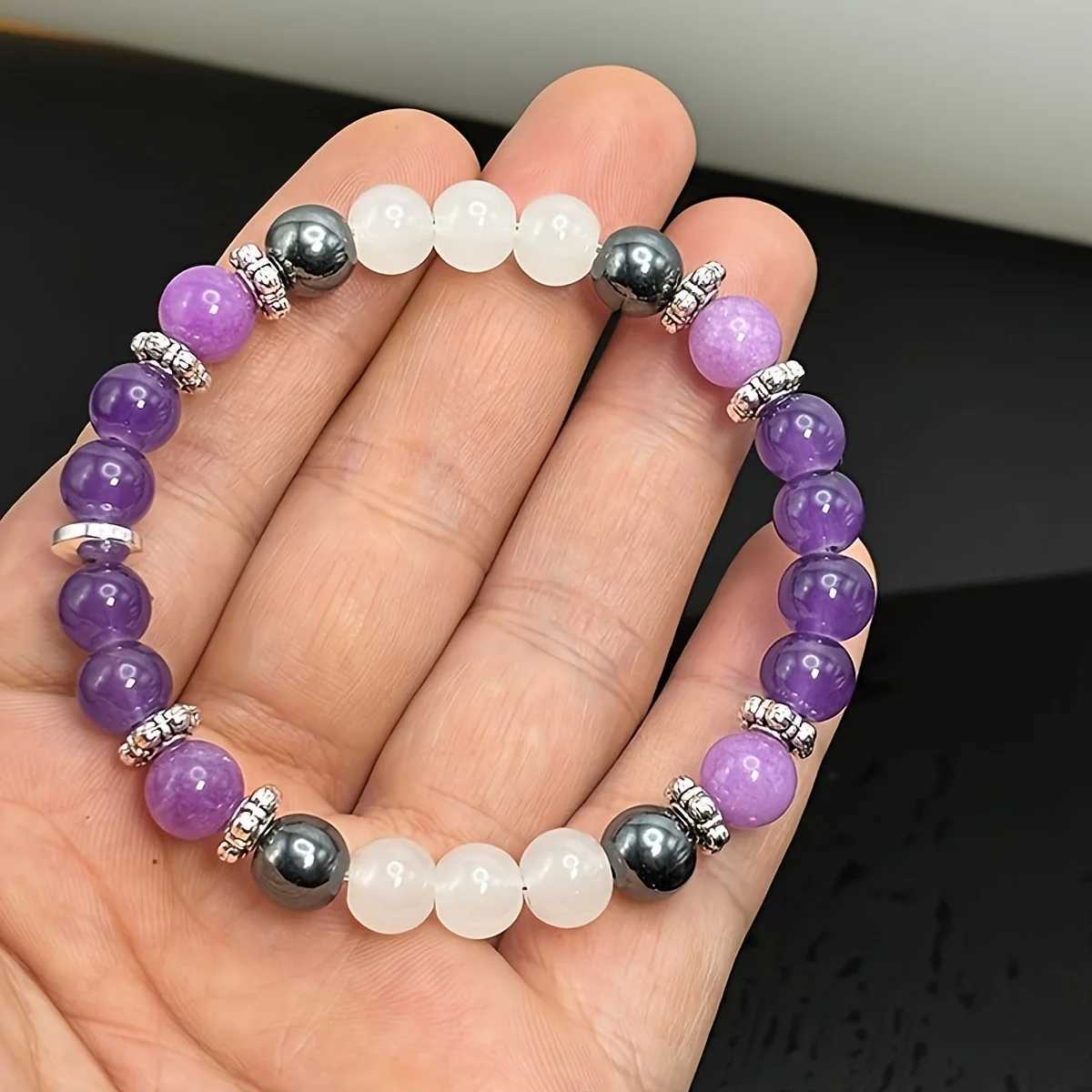 Amethyst and Hematite handmade natural stone bead bracelet for sleep elasticity anti-aging neutral gemstone -1 piece W240913
