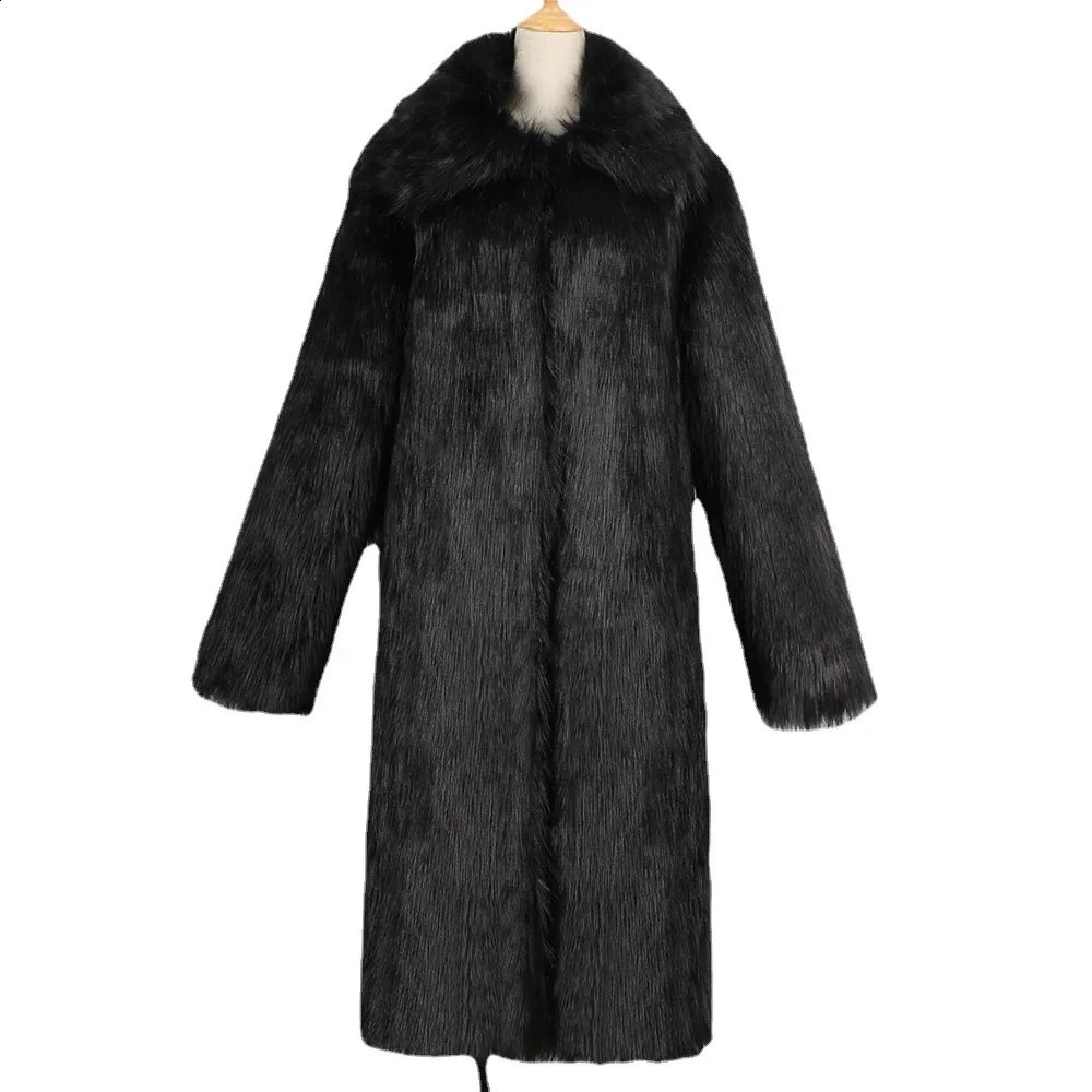 Coat Mens Warm Faux Fur Loose Autumn Winter Brown Long Coats Turn Down Collar Sleeve Men High Waist Maxi Elegant Jacket 240911