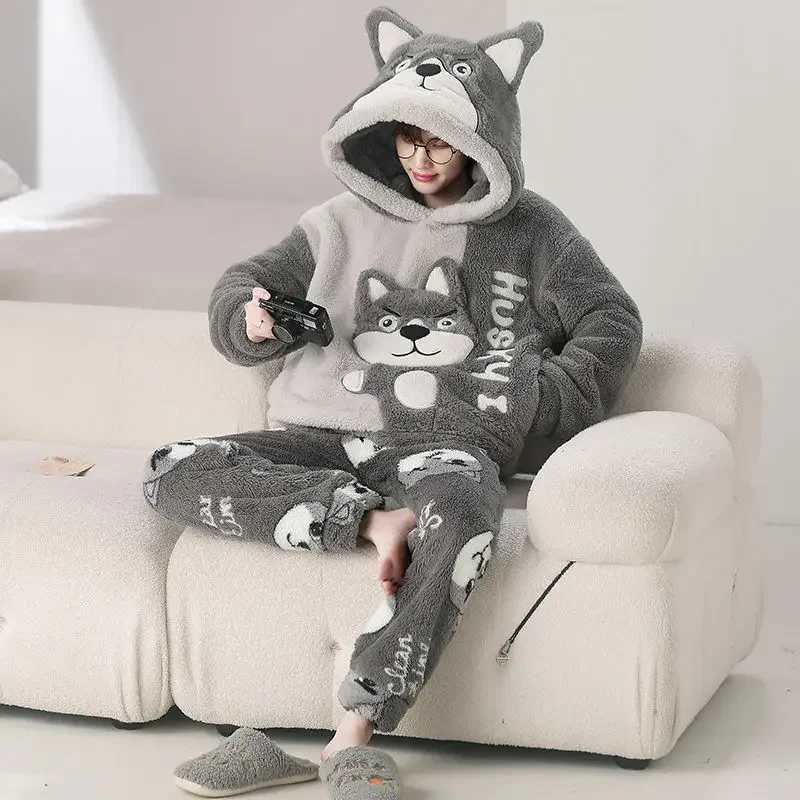 Autumn Winter Homewear Coral Fleece Men Pajamas Thick Fur Flannel Cartoon Male Loungewear Sets Plus-size Loungewear Suit Pyjamas Y240913