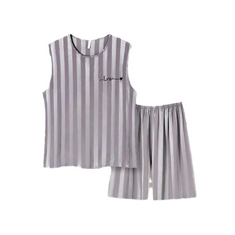 Summer Stripe Mens Pajamas Ice Silk Shorts Two Piece Sleepwear Casual Sleeveless Male Pajama Set Homewear Y240913