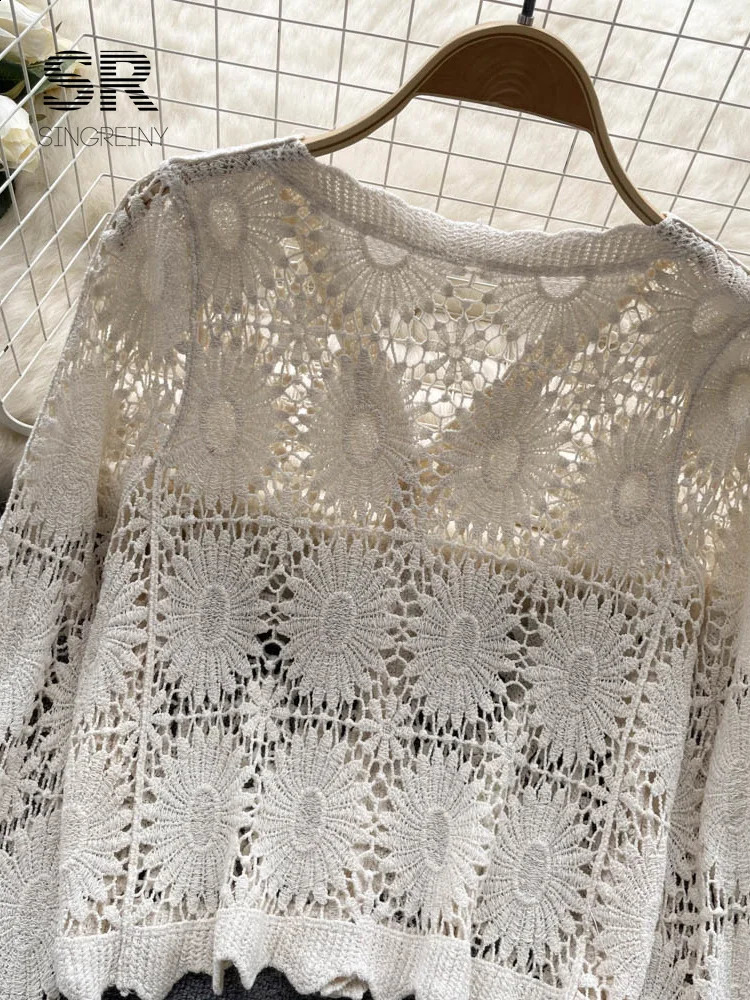 SINGREINY Summer Sunscreen Floral Cardigan V Neck Long Sleeves Loose Knitted Top Fashion Beach Vacation Casual Blouse 240910