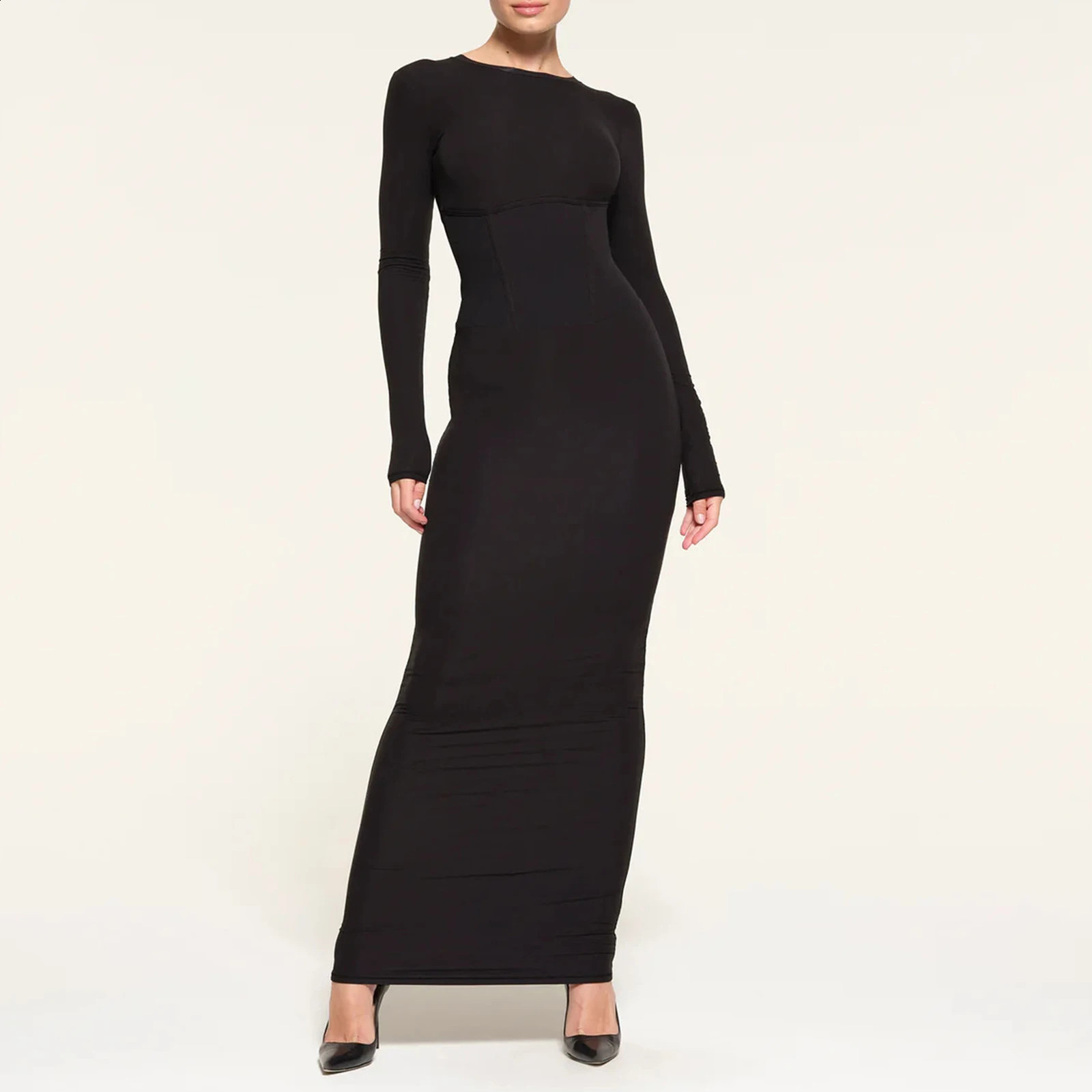 Womens long sleeved dress solid color crew collar slim fit black Maxi sexy girl simple vacation set 240913