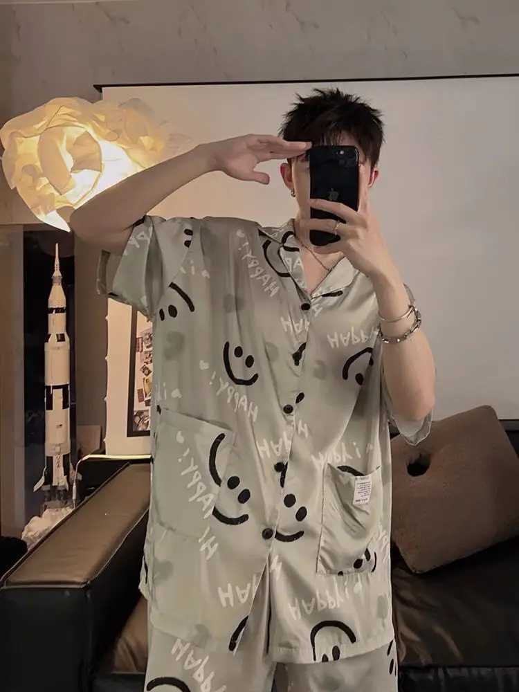 Pijamas Men Ice Silk Sleepwear Short Sleeve Tops Cardigan Shorts Two-piece Sets Summer Loungewear Casual Pajamas Sets New Y240913