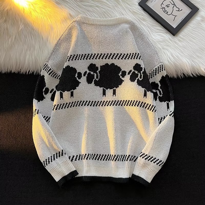 Men Sweaters Autumn and winter new student lazy style retro jacquard sweater Korean version couple knitted sweater jacket trendy Mens crew neck sweate