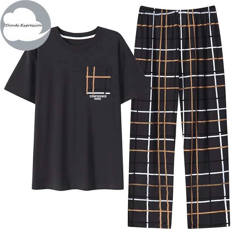 Summer Knitted Plaid Cool Mens Pyjamas Pajama Sets Casual Pjs Lounge Masculine Sleepwear Nightwear Pijamas 3XL Homewear Fashion Y240913