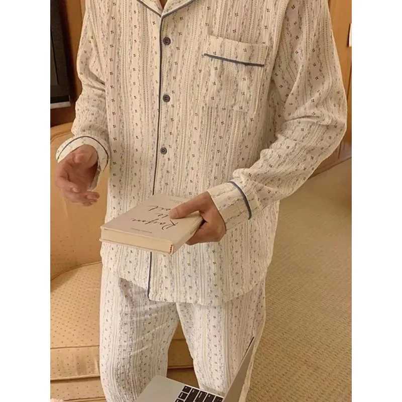 Couple Pajamas Womens Spring Autumn 2024 New Casual Long Sleeved Pants Sleepwear Cotton Gauze Loose Mens Cardigan Homewear Y240913