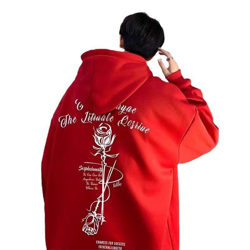Rose Hooded Sweatshirt For Male Students, American Spring And Autumn Pullover Hoodie, Hoodie Trendy Brand, Loose And Versatile Hoodie Top, Trendy