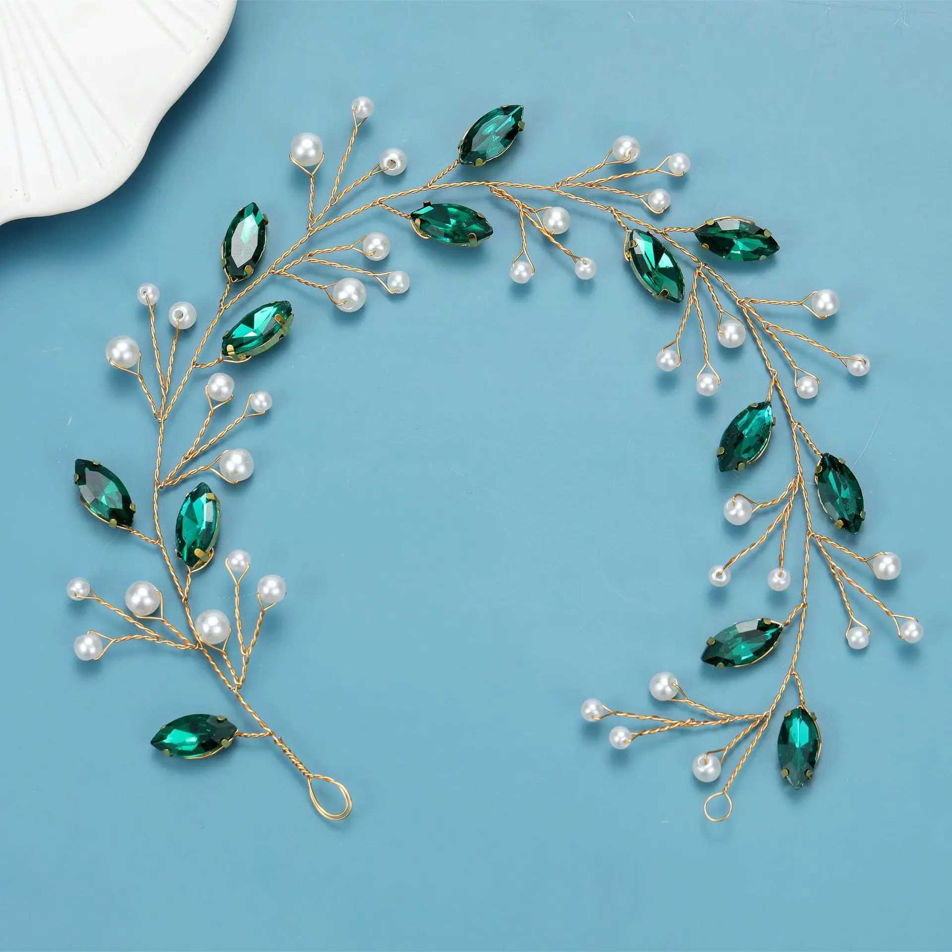 Women Emeralds Rhinestone Crystal Headband Wedding Hair Accessories Luxurious Pearl Bride Headwear Jewelry VineX240913