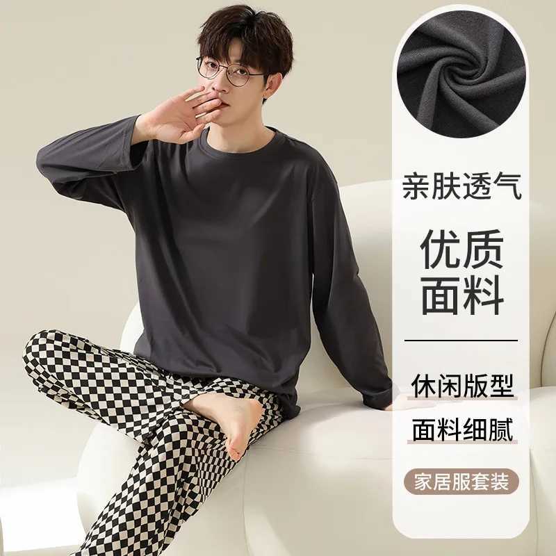 Pajamas Mens Spring and Autumn Cotton Long Sleeve Trousers Teenager plus size can wear outside loungewear set Male Pyjamas Y240913