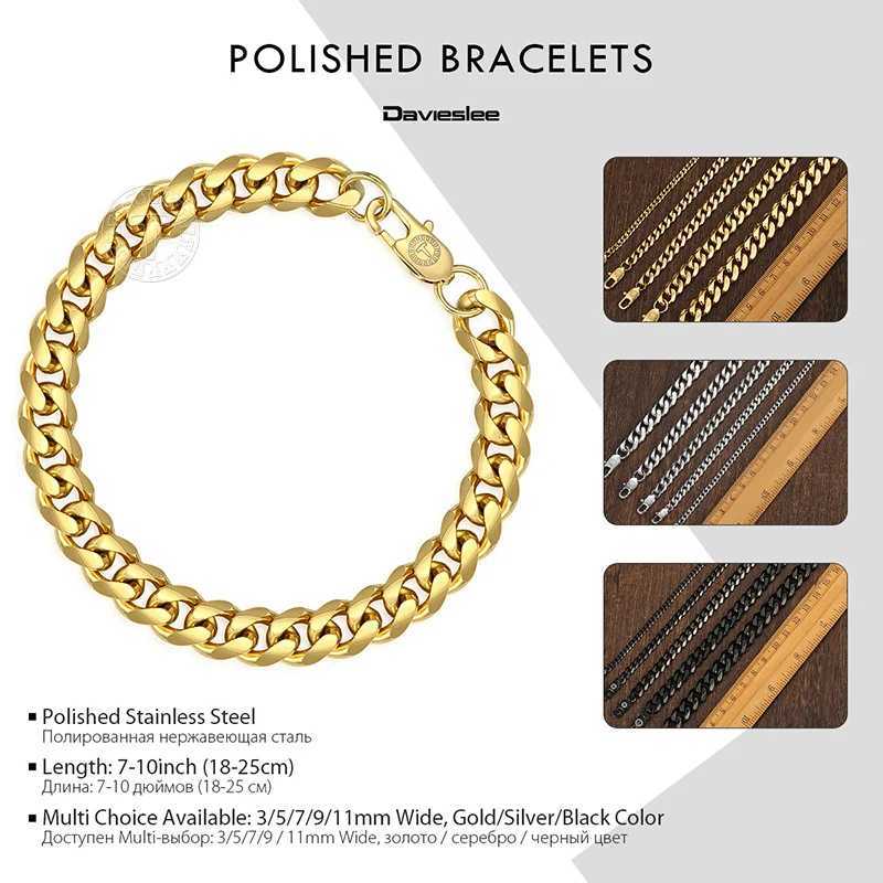 Davieslee Mens Bracelet Chain Polished Stainless Steel Gold Silver Color Chains Bracelet for Men Cuban Link 3/5/7/9/11mm KBM218X240913