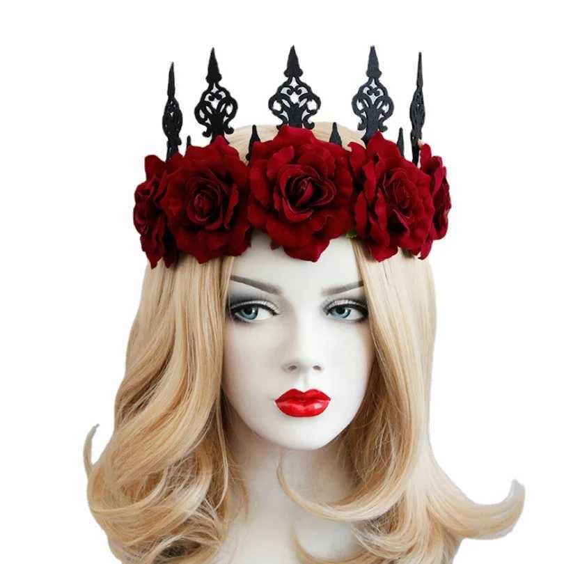 Tiaras Hair Clips Barrettes Red Rose Flower Jewelry Crown Tiara For Women Gothic Female Wedding Accessories Ornaments Princess Queen Head H240913