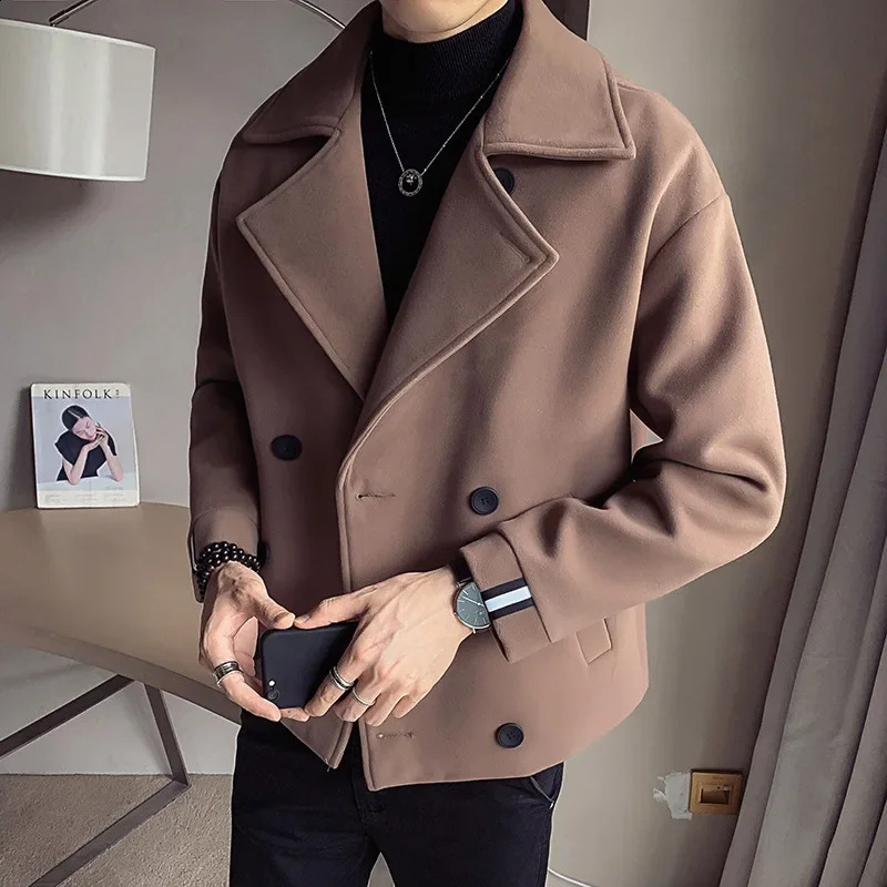 Autumnwinter Mens Cropped Woolen Jacket Sensible n Korean Trendy British Style Casual Loose Fit Trench Coat 240904