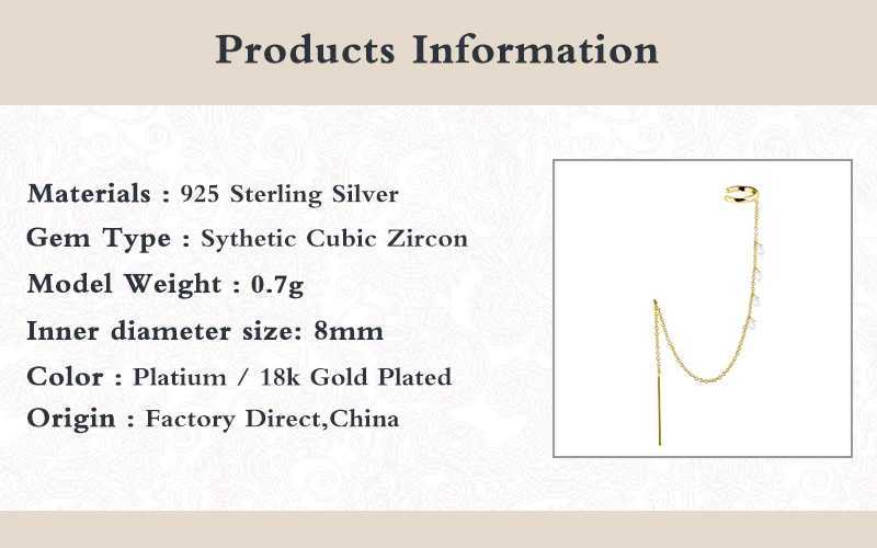 Aide 925 Sterling Silver Crystal Long Chain Tassel Ear Cuff for Women Girl Zircon Clip Earrings Elegant Piercing Party JewelryX240913
