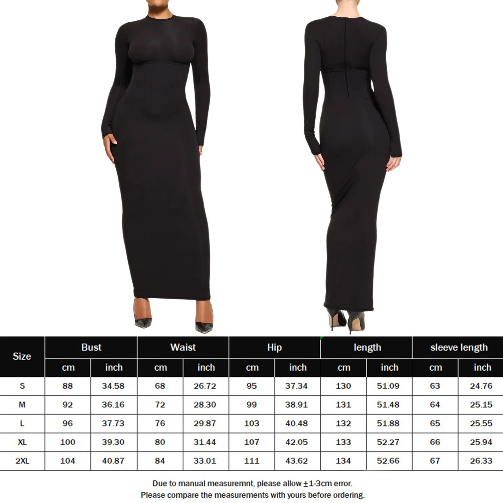 Womens long sleeved dress solid color crew collar slim fit black Maxi sexy girl simple vacation set 240913