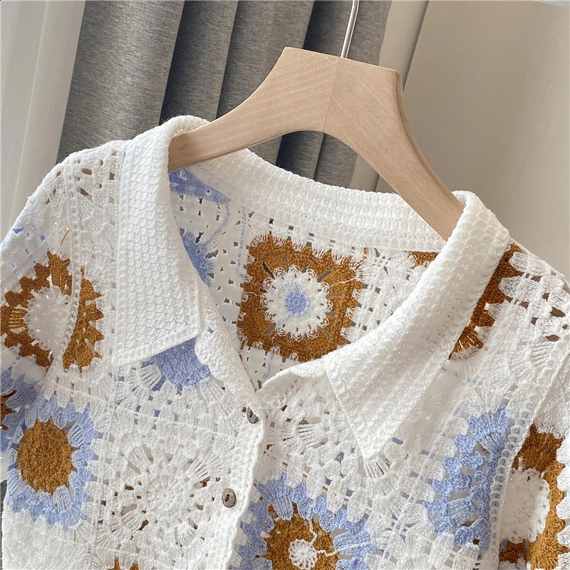 Granny Square Crochet Buttonup Top Short Sleeve Sheer Openknit Crop Cardigan for Women Teengirl Fairycore Vintage Outfit 240910