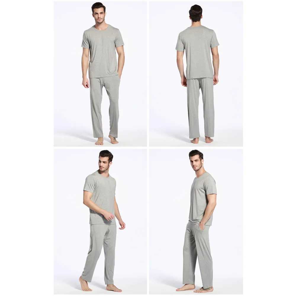 Bamboo Fiber Mens Lounge Wear Comfort Soft Sleepwear For Sleeping Short Sleeve Tshirt Top Male Trouser With Pocket Pajamas Sets Y240913