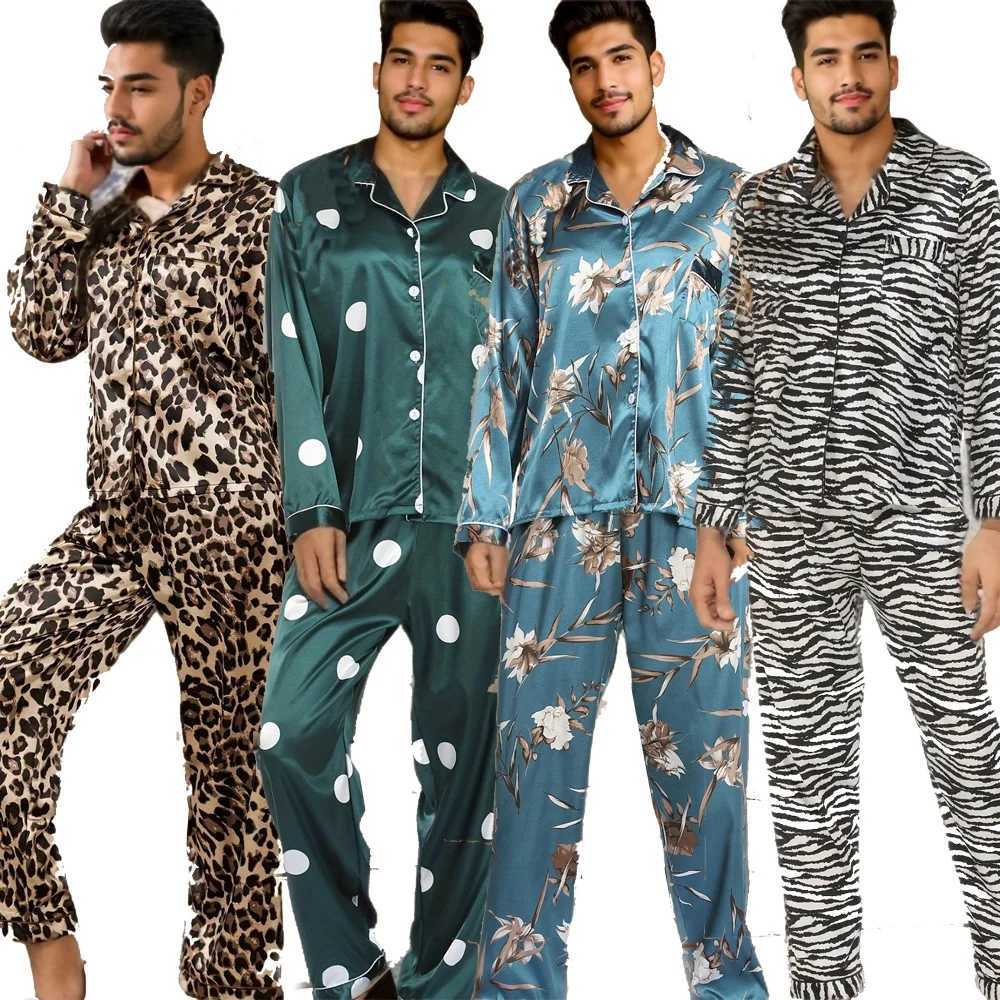 New Spring Summer Men 2PCS Pajamas Set Print Silk Satin Sleepwear Long Sleeve Pijamas Suit Loose Casual Home Clothes Loungewear Y240913