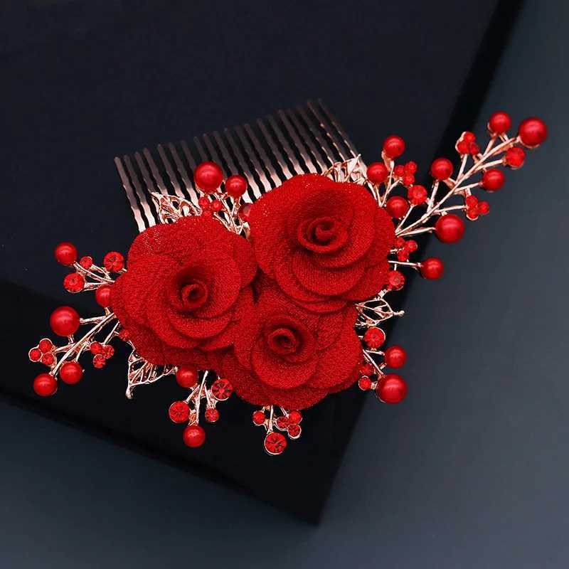 Red Rose Flower Crystal Bridal Hair Comb Wedding Hair Accessories Hairpin New Year Gift For FriendX240913