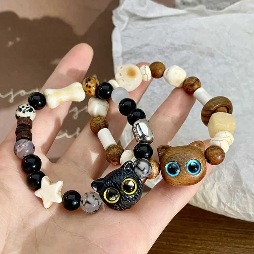 New Chinese Style Black Cat Bracelet Wooden Hand Rope Cartoon Bracelet Glass Jewelry Accessories Handmade Bead Bracelet for Girls W240913