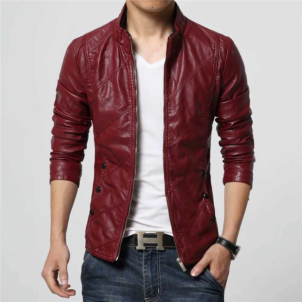 2022 New Mens Fashion PU Leather Jacket Men Stand Collar Slim Biker Jacket High Quality Men Coat Solid Color Leather JacketX240913