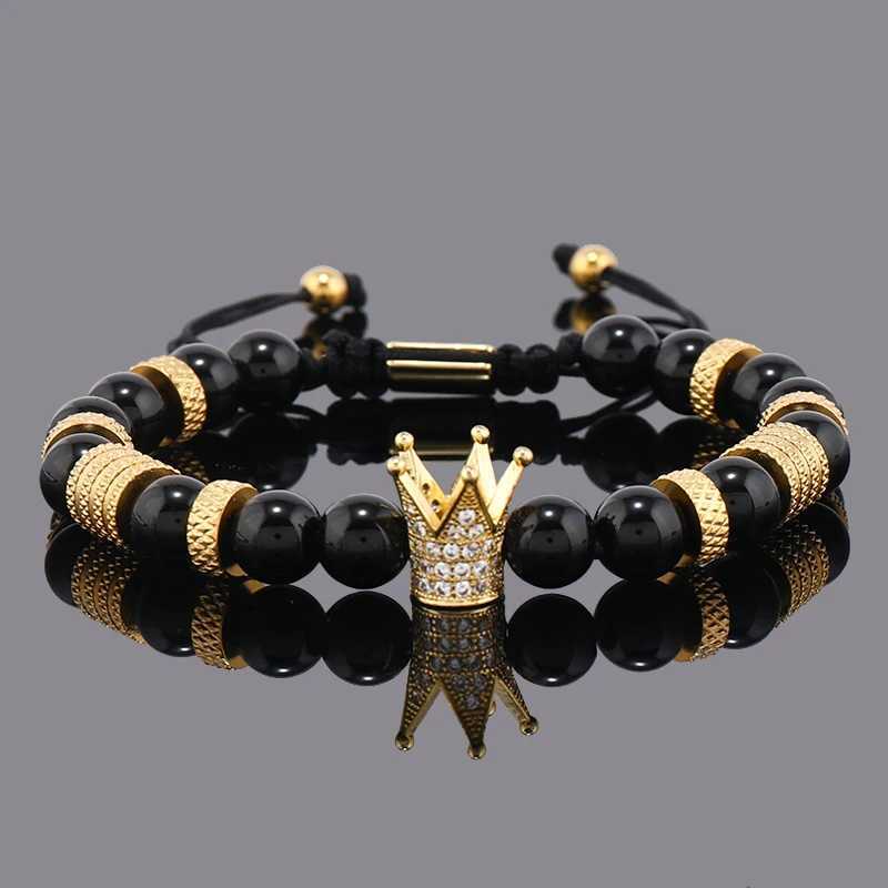 Luxury natural stone bead stainless steel crown charm mens bracelet women handmade jewelry gift W240913