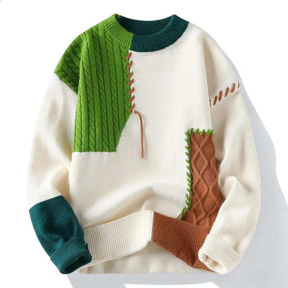 Men Color-blocked Sweater Mens Color Block Knit Sweater with Round Neck Loose Fit Thick Warm Pullover for Casual or Work Wear 240905
