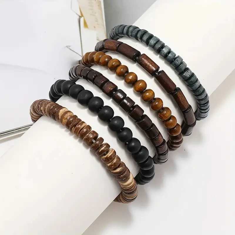 6-piece/set fashionable mens handmade bead bracelet retro style multi-layer elastic wooden bead coconut shell charm bracelet W240913