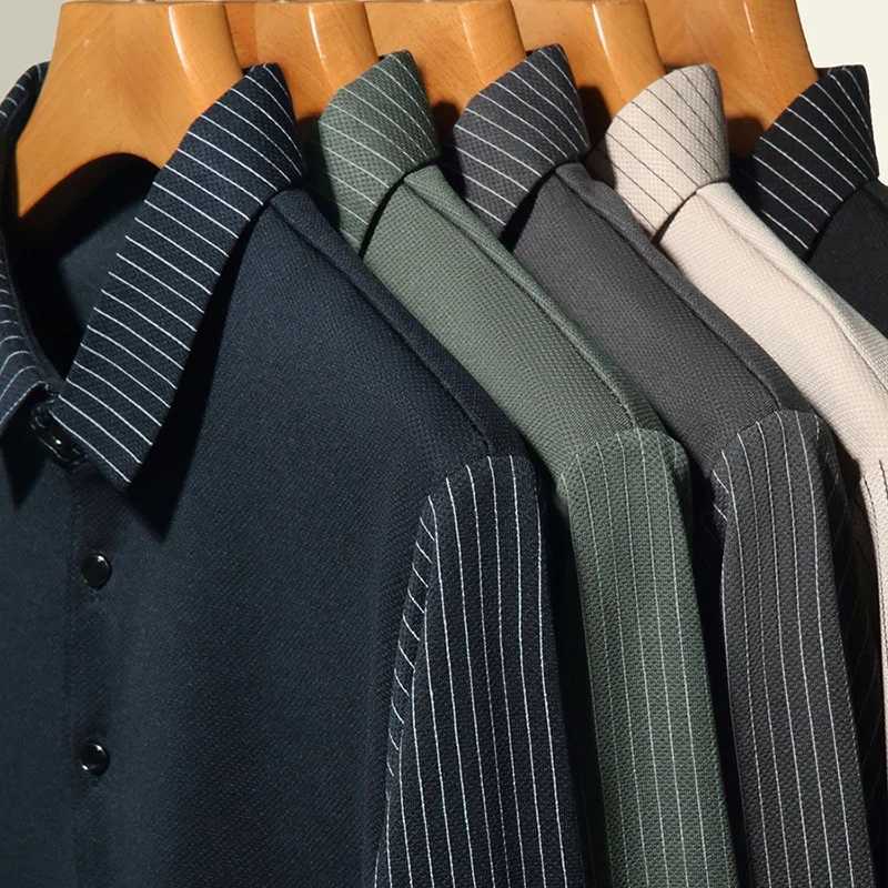 Mens casual solid color long sleeved polo shirt fashionable solid color lapel top W240913