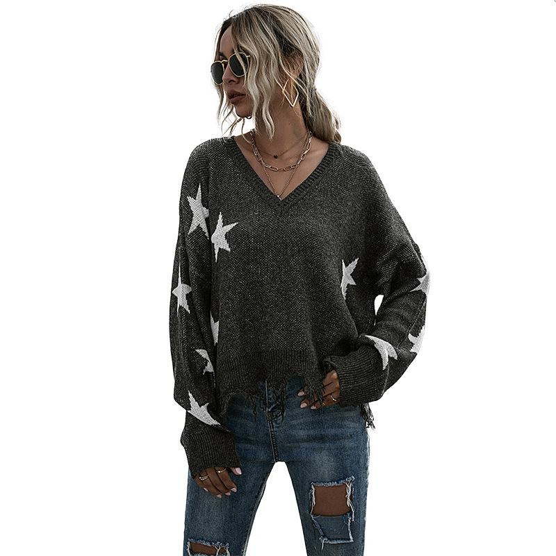 Women's Star Pattern V-neck Tassel Knitted Sweater for Autumn and Winter