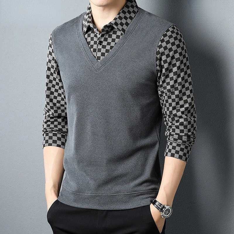 Mens fashionable plain polo shirt with spring and autumn long sleeves bottom collar splicing loose fitting and fake two mens business casual tops W240